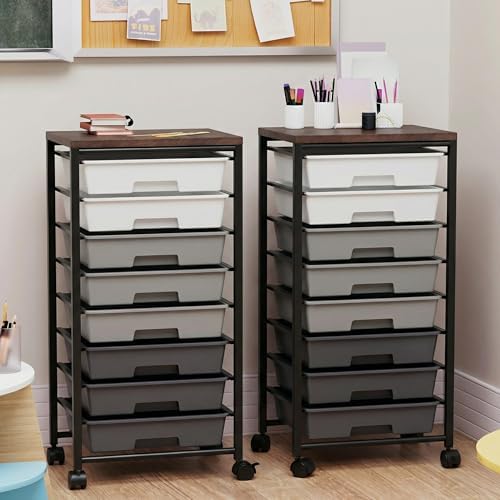 Rolling Cart with 8 Drawers, Storage Drawers Cart with Wooden Tabletop and Lockable Wheels, Craft Storage for Living Room, Office, Classroom, Craft Room, Bedroom (Gray) - Image 5