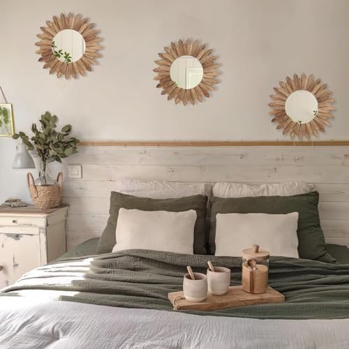 LOSOUR Boho Wall Decor Sunburst Mirror 3 Pack Rustic Round Wood Mirror 12 inch Boho Mirror Home Decor Farmhouse Room Decorations for Bedroom Living Room Entryway - Image 5