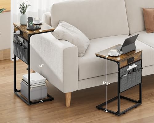 Vagusicc C-Shaped End Table with Charging Station, Small Side Table for Couch, 33" Tall C Table Adjustable Height Side Table, Couch Tables that Slide Under, Sofa Table TV Tray for Living Room, Brown - Image 2