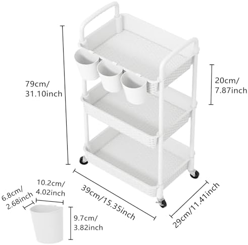 MOYIPIN 3-Tier Plastic Rolling Utility Cart with Handle,White - Image 2