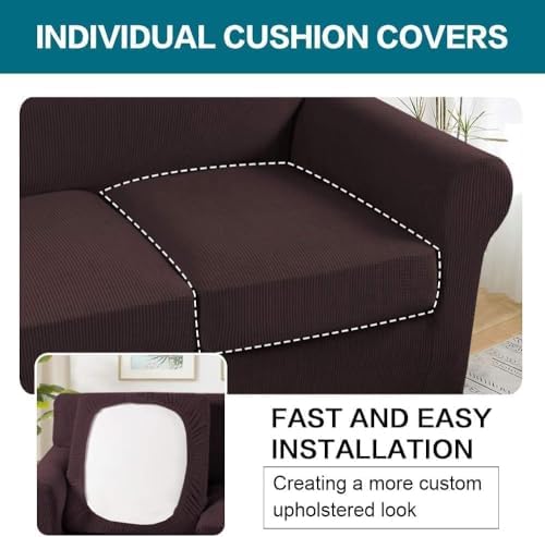 Turquoize 4 Piece Sofa Covers for 3 Cushion Couch Sofa Slipcover Soft Couch Cover for Dogs Washable Furniture Cover with 3 Individual Large Cushion Covers Feature Fabric (Large Sofa, Brown) - Image 5