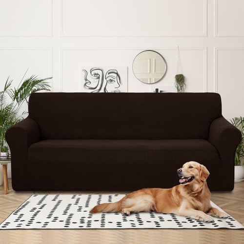 U-NICE HOME 4 Seater Stretch Couch Cover for 3 Cushion Sofa, Chocolate - Image 2