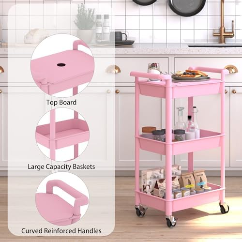 Steehoom 3-Tier Utility Rolling Cart with Cover Top Board, Mobile Utility Cart with Lockable Casters Multi-Functional Storage Trolley for Office, Bathroom, Kitchen, Garden, Laundry Room (Pink) - Image 4