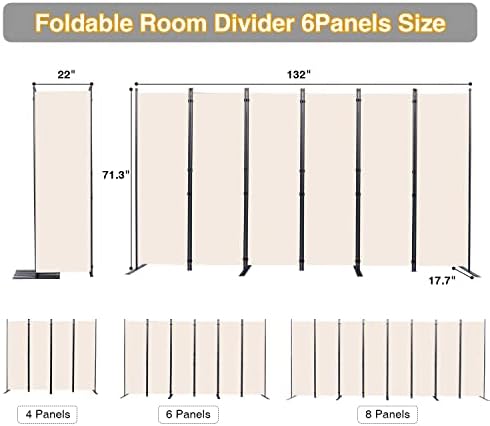 Room Divider, 6 Panel Folding Privacy Screens with Wider Feet, Beige - Image 2