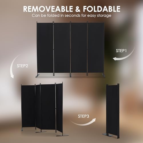 RANTILA 4 Panel Room Divider, 6 FT Folding Privacy Screen with Wide Feet, Freestanding Partition for Room Separation, Portable Room Divider Panel, 89" W x 71" H, Black - Image 4