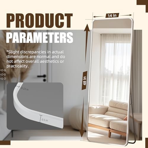 Antok Over The Door Mirror Full Length, 49'' x 14''Wall Mounted Hanging Mirror, Aluminum Alloy Frame, Shatterproof Glass, No Drill Installation for Bedroom, Closet, Bathroom, Dorm, Round Corner, White - Image 4