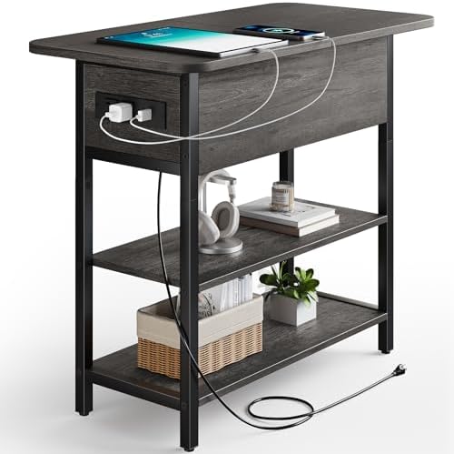 Yoobure End Table with Charging Station, Flip Top Side Table with USB Ports and Outlets, Sofa Couch Table Bedside Table for Living Room Bedroom, Narrow Nightstand with Storage Shelves for Small Space by Yoobure