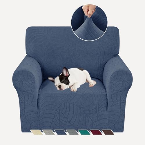 YEMYHOM Couch Cover Latest Jacquard Design High Stretch Sofa Chair Covers for Living Room, Pet Dog Cat Proof Armchair Slipcover Non Slip Magic Elastic Furniture Protector (Small, Begonia Leaf Navy) by YEMYHOM