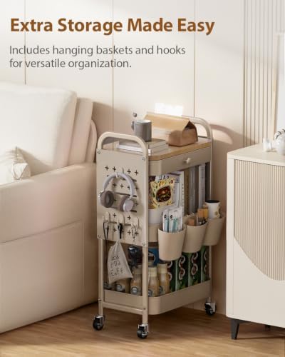 ALVOROG 3 Tier Metal Rolling Cart with Drawer,Wood Top,Pegboards,Khaki - Image 2