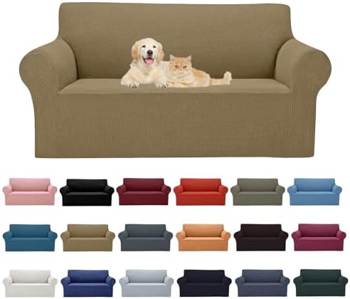 Cupuamon 2026 New Stretch Loveseat Sofa Slipcovers Couch Cover for 2 Cushion Furniture Protector Sofa Covers with Elastic Bottom Jacquard Fabric Small Checks for Pets, Kids - Tan by Cupuamon