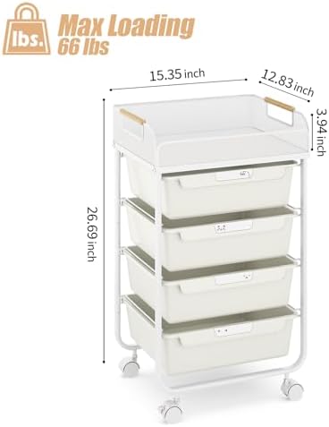 SYKIARIOL 4-Drawer Rolling Storage Cart with Mesh Top,White - Image 3