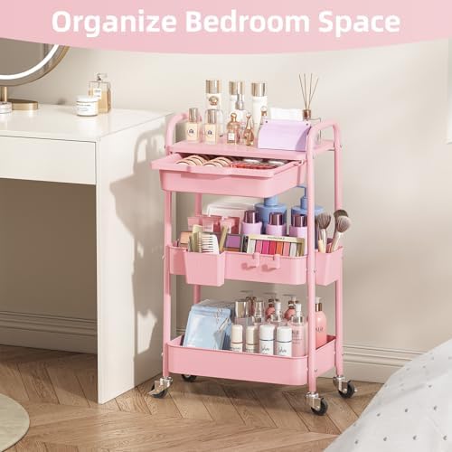 KINGRACK 3 Tier Metal Rolling Cart with Drawer, Pink Utility Storage Cart | 2 Cups & 4 Hooks, Lockable Wheels, Trolley Organizer for Bathroom, Kitchen, Office, Nursery, Dorm, Laundry, Craft Room - Image 6