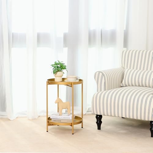 2-Tier Round End Side Table, Small Metal Side Table with Removable Tray, Folding Accent Tables for Living Room, Balcony, Nightstand for Bedroom, Outdoor Tables for Patio, Gold - Image 4