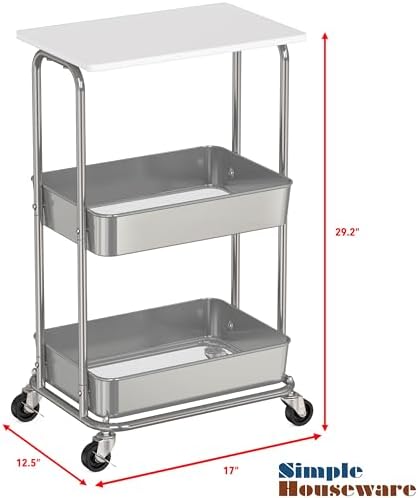 Simple Houseware 2-Tier Rolling Utility Cart Wood Top/Lockable Wheel, White - Image 3