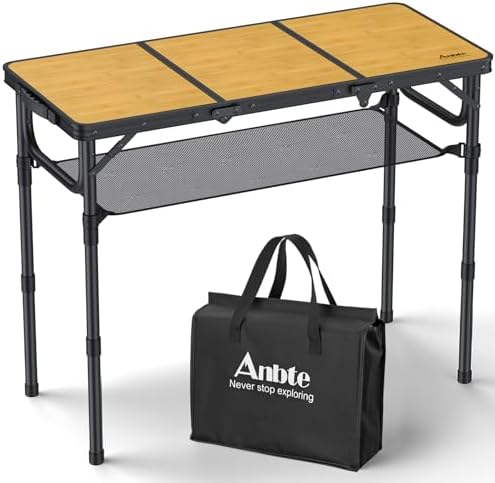 Anbte 3ft Camping Table Foldable with Storage Net and Bag, 3 Adjustable Heights High 27.5" Aluminum Camping Table Portable, for Outdoor Indoor Backyard BBQ Cooking Party Picnic Beach, Light Oak Grain by Anbte