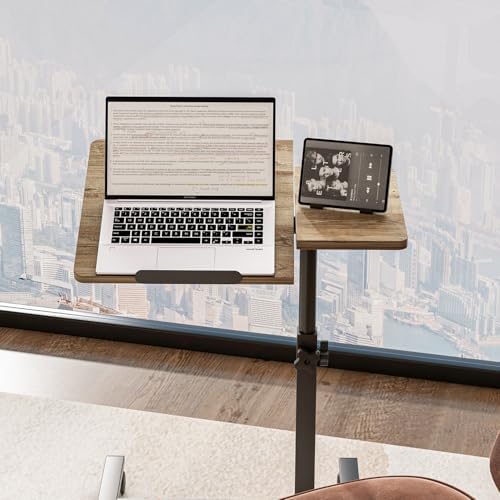 Beside Desk Overbed Table with Wheels Adjustable Height Over Bed Table Rolling Hospital Laptop Stand for Couch Tray Table Bed Sofa Side Table Computer Workstations-Coffee - Image 2