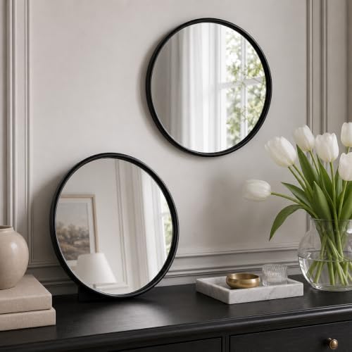 12"x12" Round Decorative Wall Mirror, 2 Pack Metal Framed Real Glass Mirror, Aesthetic Rounded Shape Vanity Mirror for Bedroom, Living Room, Black Accent Home Decor by OPULINEA