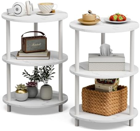 XBurmo Small Round End Table - 3 Tier Design Accent Table, Narrow Side or Bedside Stand, Industrial Vintage Nightstand for Bedroom, Living Room, or Small Spaces, Set of 2, Marble White by XBurmo