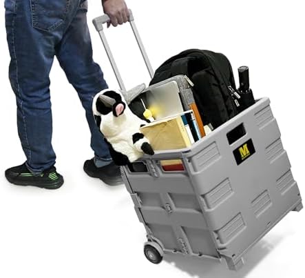 MaxWorks Collapsible Rolling Utility Cart with Lid 80 lb Capacity Folding Dolly with Telescoping Handle Heavy Duty Plastic Crate on Wheels for Shopping Office and Teachers (50876) - Image 2