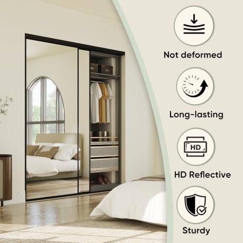 JUBEST 60x80 Mirrored Closet Door, 2-Panels Steel Frame Sliding Mirror Door Top & Bottom Track Kits, One Side Full-Sized Mirror with Safety Backing, Easy to Install, Black - Image 6