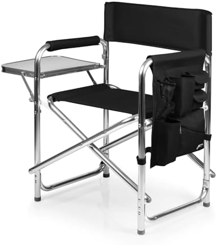 PICNIC TIME Sports Chair with Side Table and Armrest Caddy, Lightweight Aluminum Folding Outdoor Camping Chair for Adults, Portable Director Style Lawn Seating with Pockets & Carry Strap, (Black) by PicnicTimeFamilyofBrands