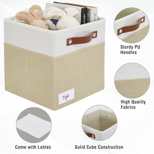 Bagnizer Collapsible Fabric Storage Cube Bins with 2 Reinforced PU Handles, Foldable Storage Organizer Baskets for Closet, Shelves, Living Room | 11"x11"x11", 4 Pack, Beige & White - Image 3