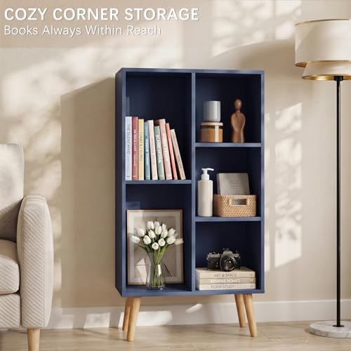 YAHARBO Small Dark Blue Bookshelf,3 Tier Modern Kids Bookcase with Legs,5 Cube Wooden Bookshelves Storage Shelf,Book Shelves Organizer,Display Bookcases Cabinet for Room Nursery Study - Image 5