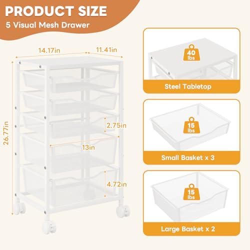 Hongtamoya Rolling Storage Cart with 5 Drawers, Metal Utility Cart with Lockable Wheels, Craft Storage Art Cart, Rolling Drawer Cart for Living Room, Bedroom, Bathroom, Office, Home, White - Image 2