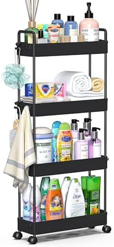 SOLEJAZZ Slim Rolling Storage Cart Skinny Bathroom Organizer, 4 Tier, Black by SOLEJAZZ