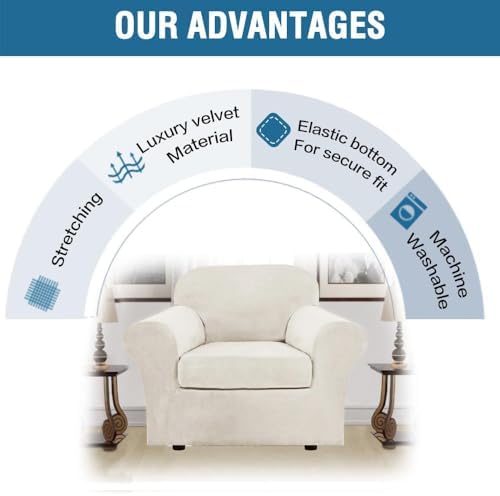 H.VERSAILTEX Rich Velvet Stretch 2 Piece Chair Cover Chair Slipcover Sofa Cover Furniture Protector Couch Soft with Elastic Bottom Chair Couch Cover Width Up to 49 Inch (Chair, Porcelain White) - Image 7