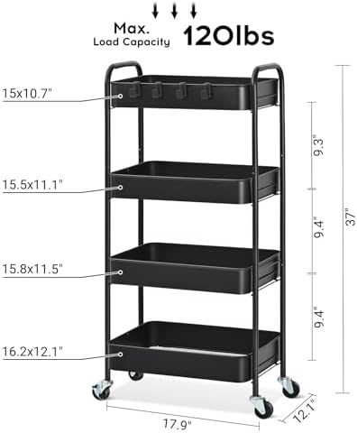 TOOLF 4 Tier Metal Rolling Cart, Utility Storage Cart with Wheels, Black | Screwless Assembly, Lockable Metal Wheels, Trolley Organizer for Bathroom, Kitchen, Office, Dorm, Laundry, Craft Room - Image 2