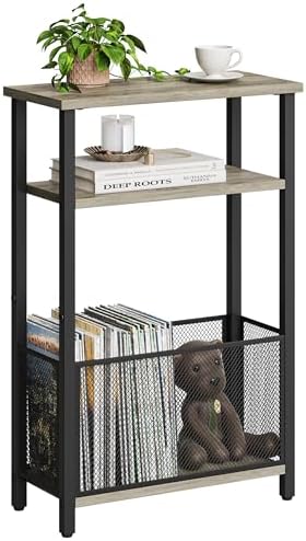 MMEOLUOOK Narrow Side Table with Storage Basket Skinny End Tables for Smalls Spaces 3 Tier Sofa Table Small Nightstand Slim Bedside Table for Living Room Bedroom Oak MLBZ22Q by MMEOLUOOK