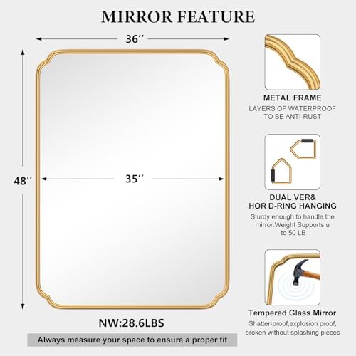 Ferytange 36 x 48 Inch Gold Bathroom Vanity Mirror for Wall with Non-Rusting Metal Frame Large Rounded Rectangle Mirror for Over Sink (Horizontal/Vertical) - Image 6