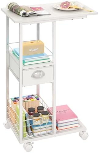 Rolling Side Table with Storage Drawer, White Bedside Table with Wheels, TV Tray for Sofa, Portable Desk on Wheels, Modern Night Stand, Overbed Table for Bedroom, C Shaped End Tables Living Room by Sonyabecca