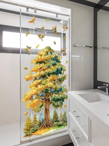 Golden Fall Tree Wall Stickers - Lush Gradient Tree Birds Falling Leaves Peel & Stick Removable Waterproof Wall Decals for Living Room Bedroom,88 cm x 106 cm - Image 2
