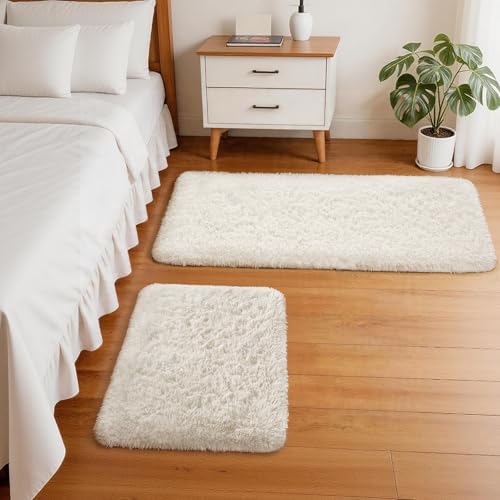 Ophanie Small Rug Washable Non Slip Throw Bedside Area Rugs, Fluffy Soft Mini Bedroom Carpet, 1.5x2.5 and 1.5x4 Rug Set, 2 Piece Ivory by Ophanie