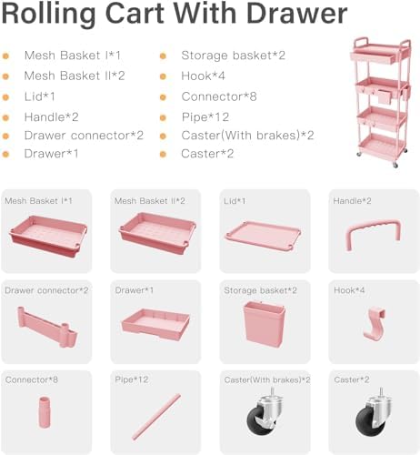 Sorgion 4 Tier Rolling Cart Organizer,Art Craft Diaper Bedside Snack Laundry Room Bathroom Organizer Narrow Thin Slim Rolling Trolley Utility Cart with Wheels for Kitchen,Office(Pink) - Image 7