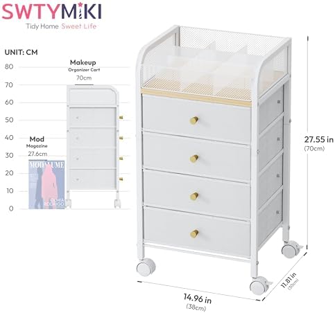 SWTYMIKI Rolling Makeup Organizer Cart - 14.96″*11.81″*27.55″ Widened Under Desk Vanity Storage with 4 Non-woven Drawers, Cosmetic Display Cases for Skin Care Perfume Nail Polish Brush Hair Tool White - Image 2