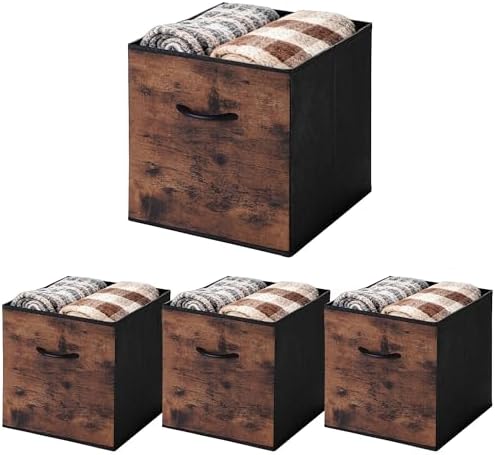 WUIKE 13-Inch Rust Brown Cube Storage Bins, Wood Print Front, 4-Pack by WUIKE