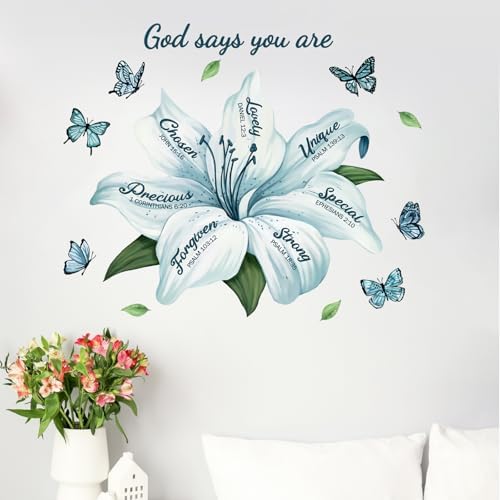 Yovkky Lily Flower Religious Inspirational Quote Wall Decals Stickers | Motivational God Says You are Teal Floral Butterfly Home Bedroom Decor, Positive Living Room Kitchen Decorations Art by Yovkky