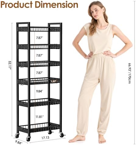 6 Tier Slim Storage Cart, Narrow Rolling Cart with Wheels, 10in(W) - Image 2
