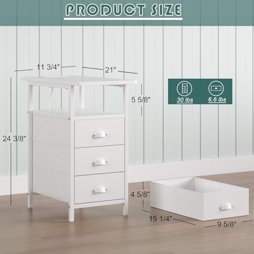 sthmec End Table with Charging Station,LED Side Tables with USB Ports and Outlets,Narrow Nightstands Bedside Tables with 3 Drawers PU Finish for Small Space,Slim Sofa Table for Livingroom,White - Image 3