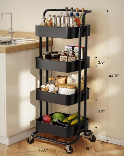 Pipishell Metal 4 Tier Rolling Cart with Handle & 2 Lockable Wheels, Black - Image 2
