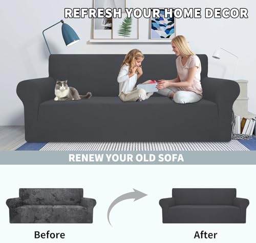 MAXIJIN Super Stretch Couch Cover for 3 Cushion Couch, 1-Piece Universal Sofa Covers Living Room Jacquard Spandex Furniture Protector Dogs Pet Friendly Fitted (Large, Gray) - Image 2