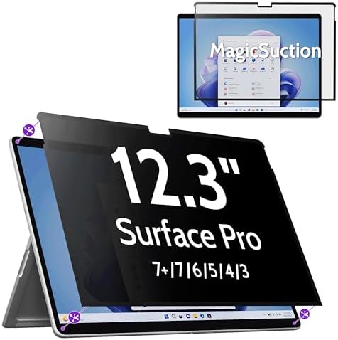 Peslv Privacy Screen for 12.3 Inch Surface Pro 7+/7/6/5/4/3, MagicSuction™ Removable Anti Spy Black Protector, Glare Blue Light Filter for Microsoft Laptop Computer Monitor by peslv