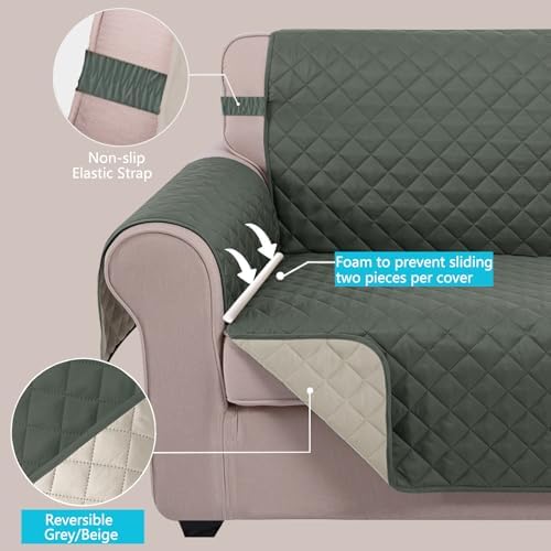 U-NICE HOME Reversible Recliner Chair Covers, Grey/Beige - Image 3