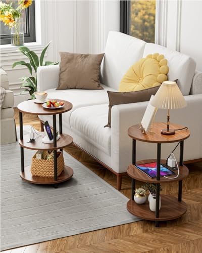 XBurmo Small Round End Table - 3 Tier Design Accent Table, Narrow Side or Bedside Stand, Industrial Vintage Table for Small Spaces, Built-in USB Ports and Power Outlet, Rustic Walnut - Image 6