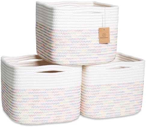 NaturalCozy Storage Cubes 9”x9”x7”Cotton Rope Woven Baskets for Organizing 3-Pack | 9 Inch Cube Storage Bin | Small Basket for Shelf Nursery, Pantry, Decorative Plant, Bathroom Closet, Toy Gift by NaturalCozy