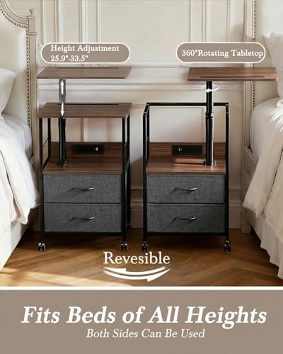 Faesun Swivel Lift Top Nightstand with Charging Station, Rolling Side Table for Recliner, Bedside Table with Wheels & 2 Fabric Drawers, for Small Spaces, for Bedroom, Living Room, Walnut Gray - Image 3
