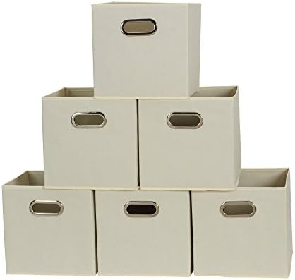 Fabric Storage Bins 6 Piece Set, Strong Poly-Woven Fabric, Sturdy Chipboard Sides, Grommet Front Handle, Stackable and Foldable, Classic Design, Cream by HouseholdEssentials